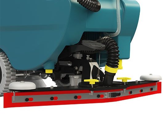 Rear squeegee assembly with yellow touch points on the Tennant T290 scrubber