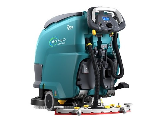 Rear view of the Tennant T291 scrubber showing the handle, hoses and squeegee