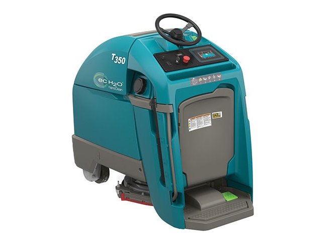 Tennant T350 stand-on floor scrubber, rear left view showing the operator platform