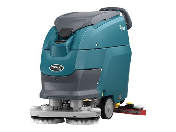 Tennant T391 walk-behind floor scrubber with dual-disc scrub head, front view