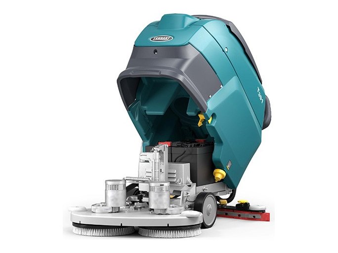 Tennant T391 with the recovery tank opened, showing batteries and the 28 in dual-brush deck