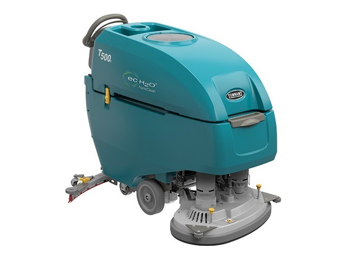 Tennant T500e walk-behind floor scrubber with dual-disc deck, front right view