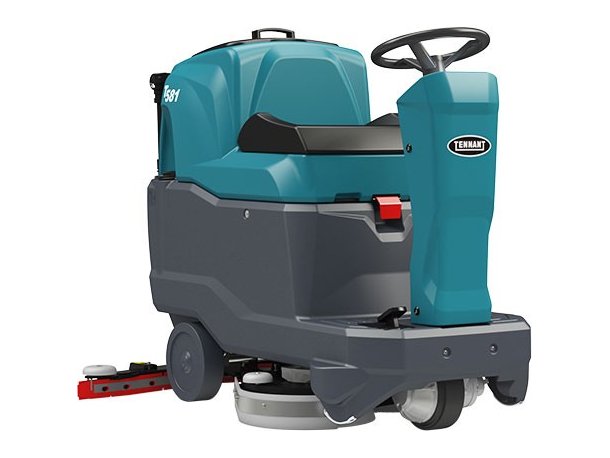 Tennant T581 micro ride-on floor scrubber, front left view