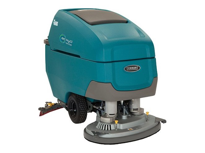 Tennant T600e walk-behind floor scrubber with dual-disc deck, front right view