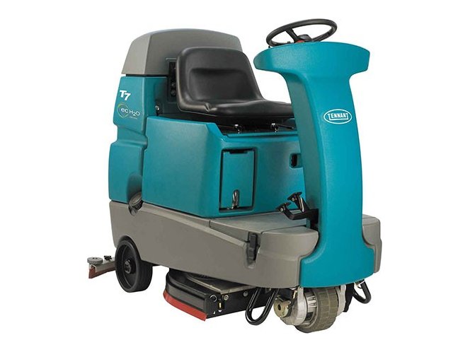 Tennant T7 micro-rider floor scrubber, front right view