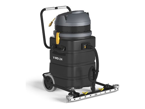 Tennant V-WD-24 wet/dry vacuum fitted with the front-mount squeegee kit
