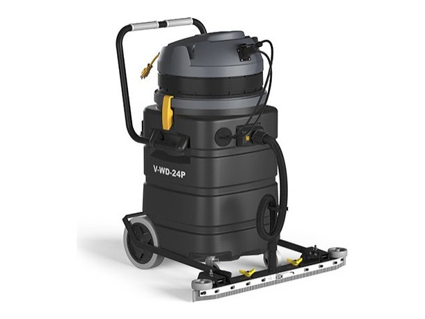 Tennant V-WD-24P wet/dry vacuum fitted with the front-mount squeegee kit