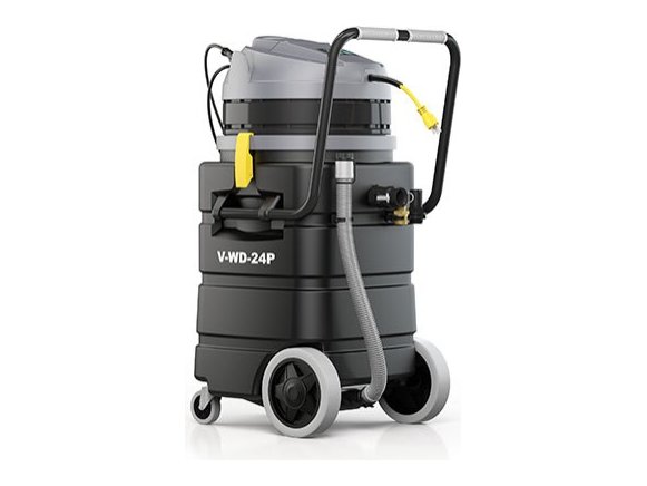 Rear view of the Tennant V-WD-24P showing the handle, wheels and pump hose